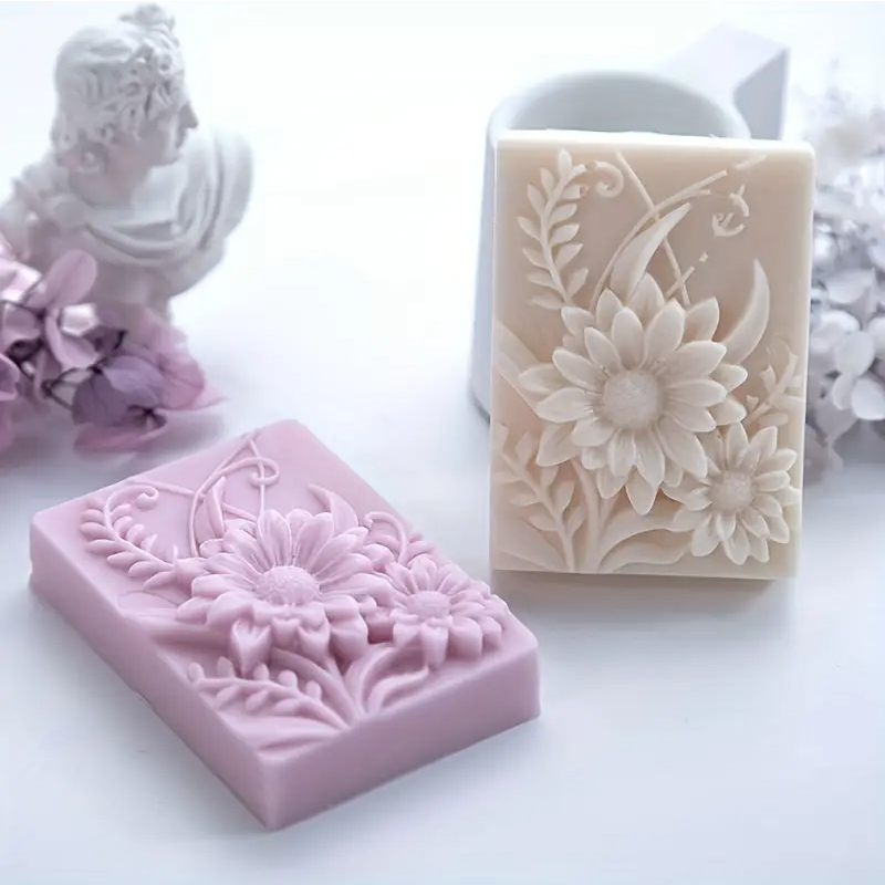 Soap Making Kit For Beginners - แม่พิมพ์สบู่ซิลิโคนรูปทรงสี่เหลี่ยมผืนผ้าลายดอกไม้ 3 มิติ แม่พิมพ์เทียนหอมทำมือ DIY แม่พิมพ์ทำสบู่ทำมือ