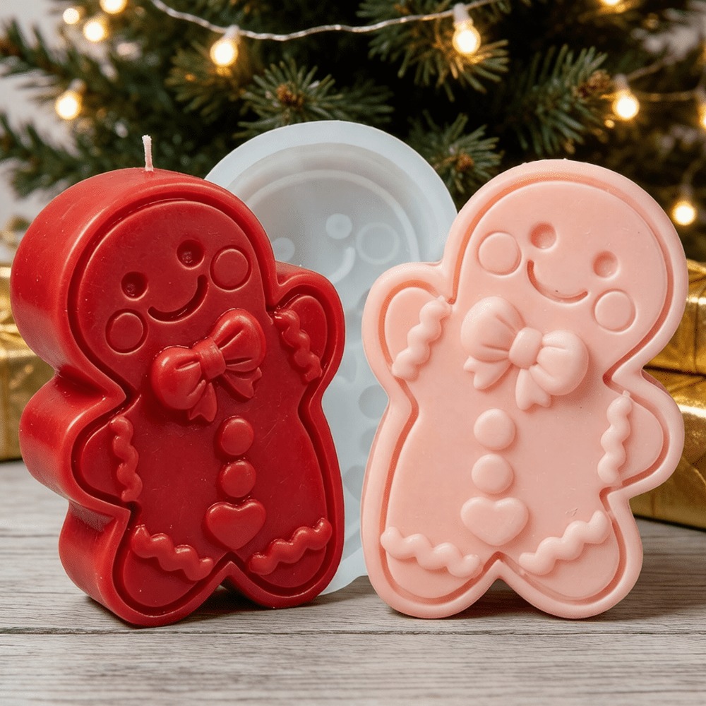 Soap Making Gifts - แม่พิมพ์ซิลิโคนรูปคนขนมปังขิงเต้นรำผูกโบว์ ตัวการ์ตูนยิ้มแย้ม สำหรับทำปูนปลาสเตอร์ เรซิน สบู่ ของตกแต่งคริสต์มาส